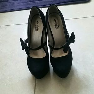 Black, Suede, Bow Platform Heels - Size 7